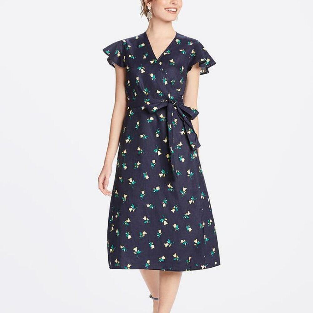 DRAPER JAMES Nassau Navy floating tulip flutter cap sleeve linen wrap midi dress